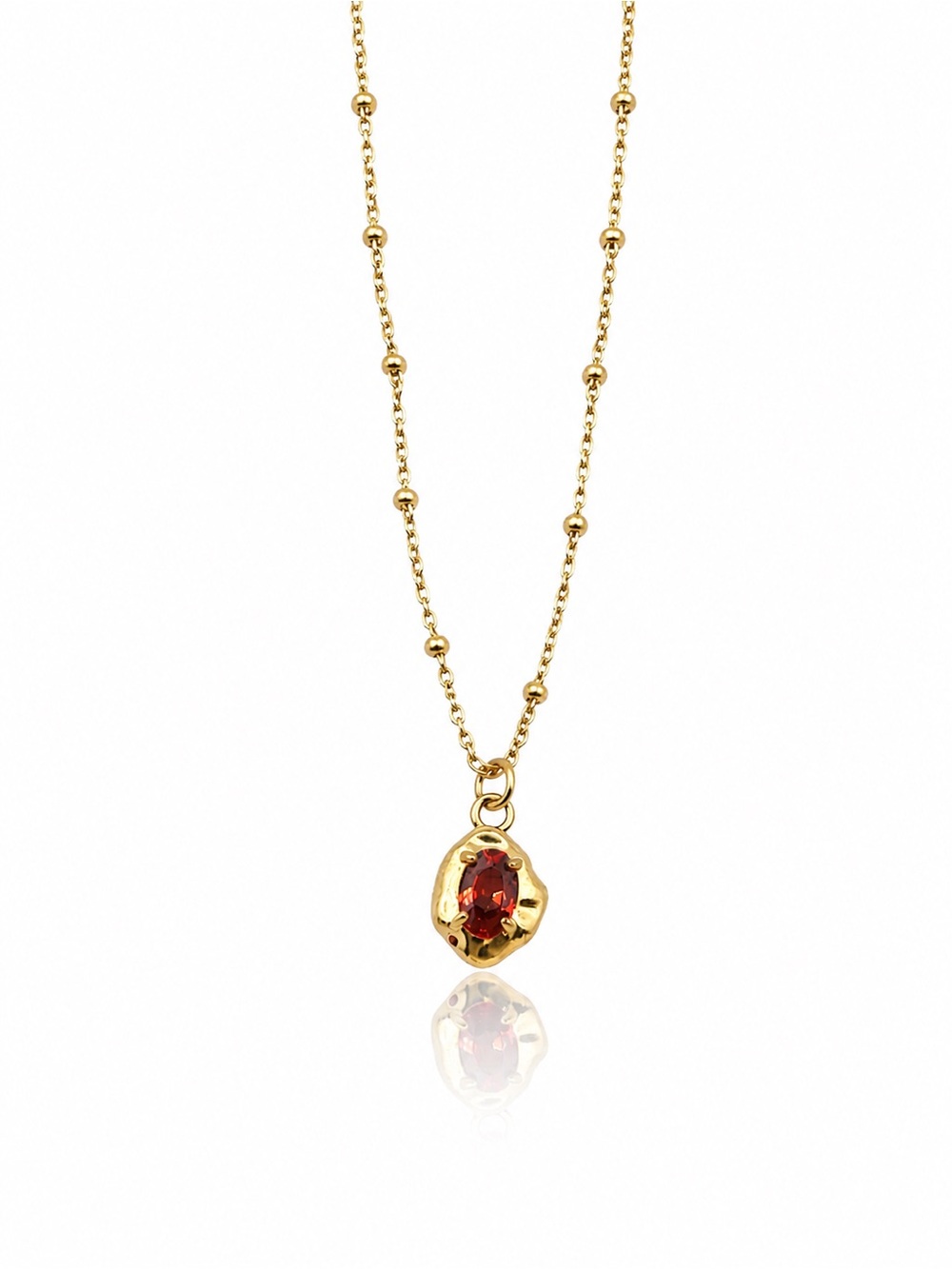 Gold Beaded Chain Necklace with Red Gem Pendant